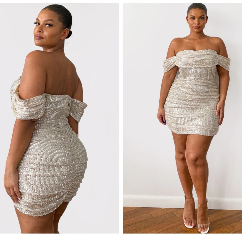 Plus Cream Sequin Bardot Bodycon Dress